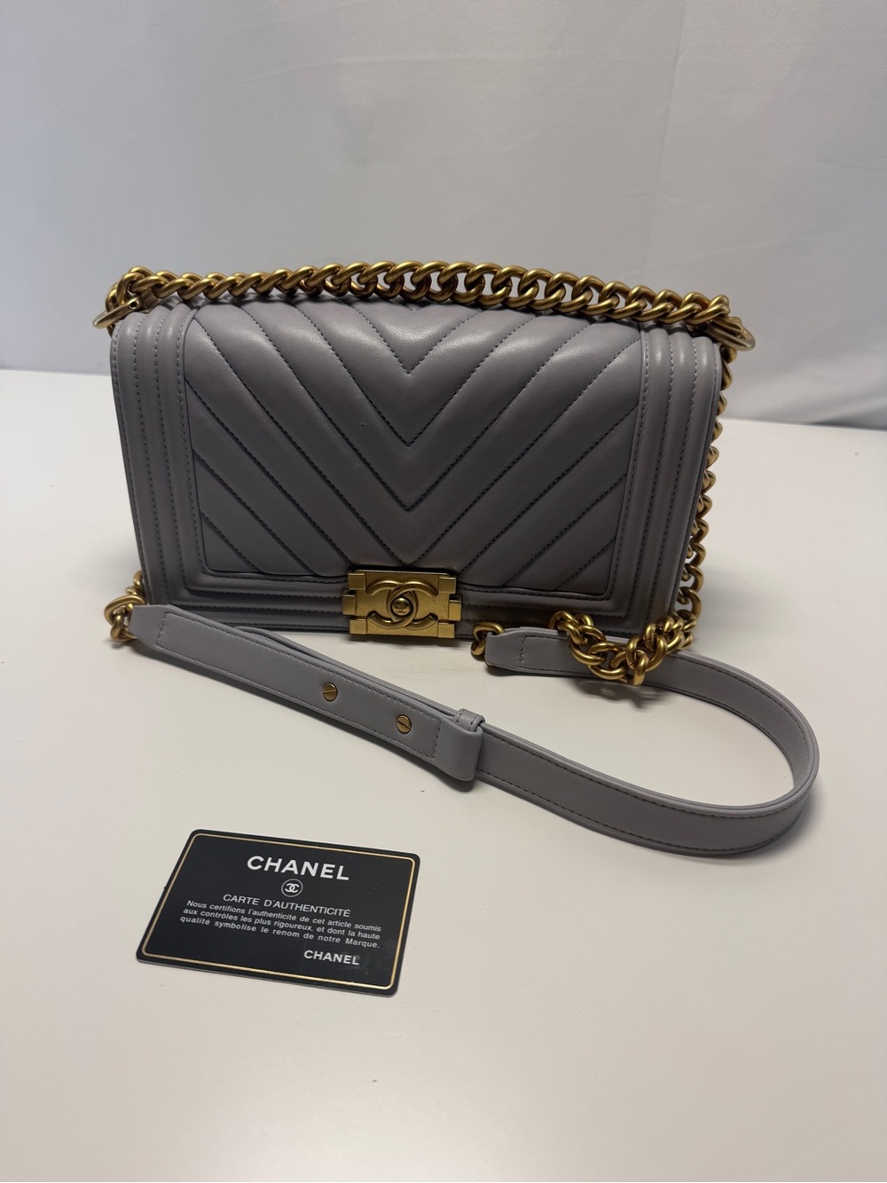 CHANEL Gray Chevron medium Quilted Boy Shoulder Bag with Gold Chain